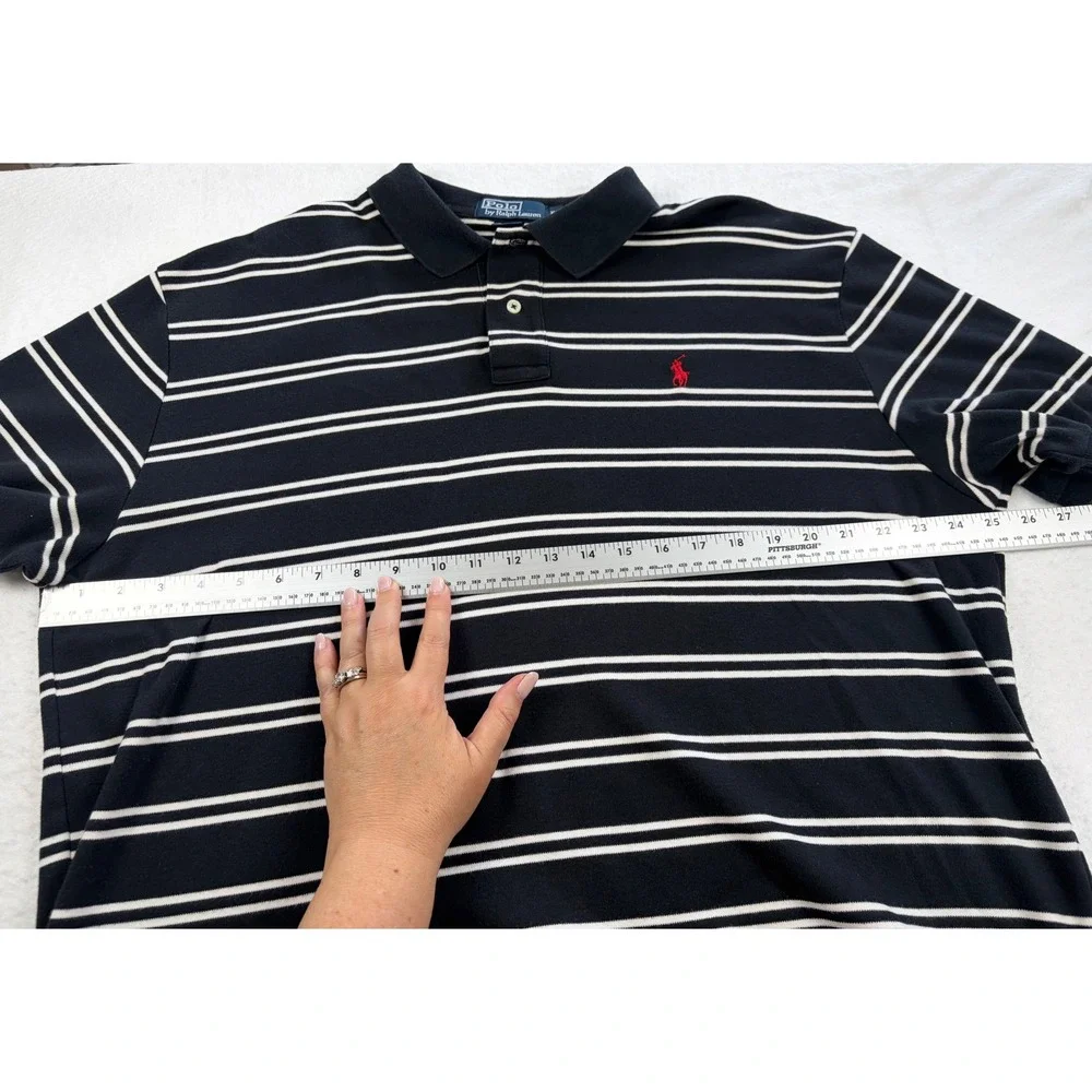 Polo Ralph Lauren Mens XL Navy Blue White Striped Short Sleeve Polo Shirt Cotton